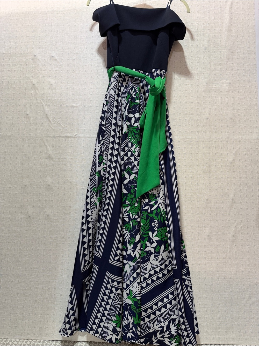 Eliza J Navy Printed Maxi Dress with Bright Green Sash
